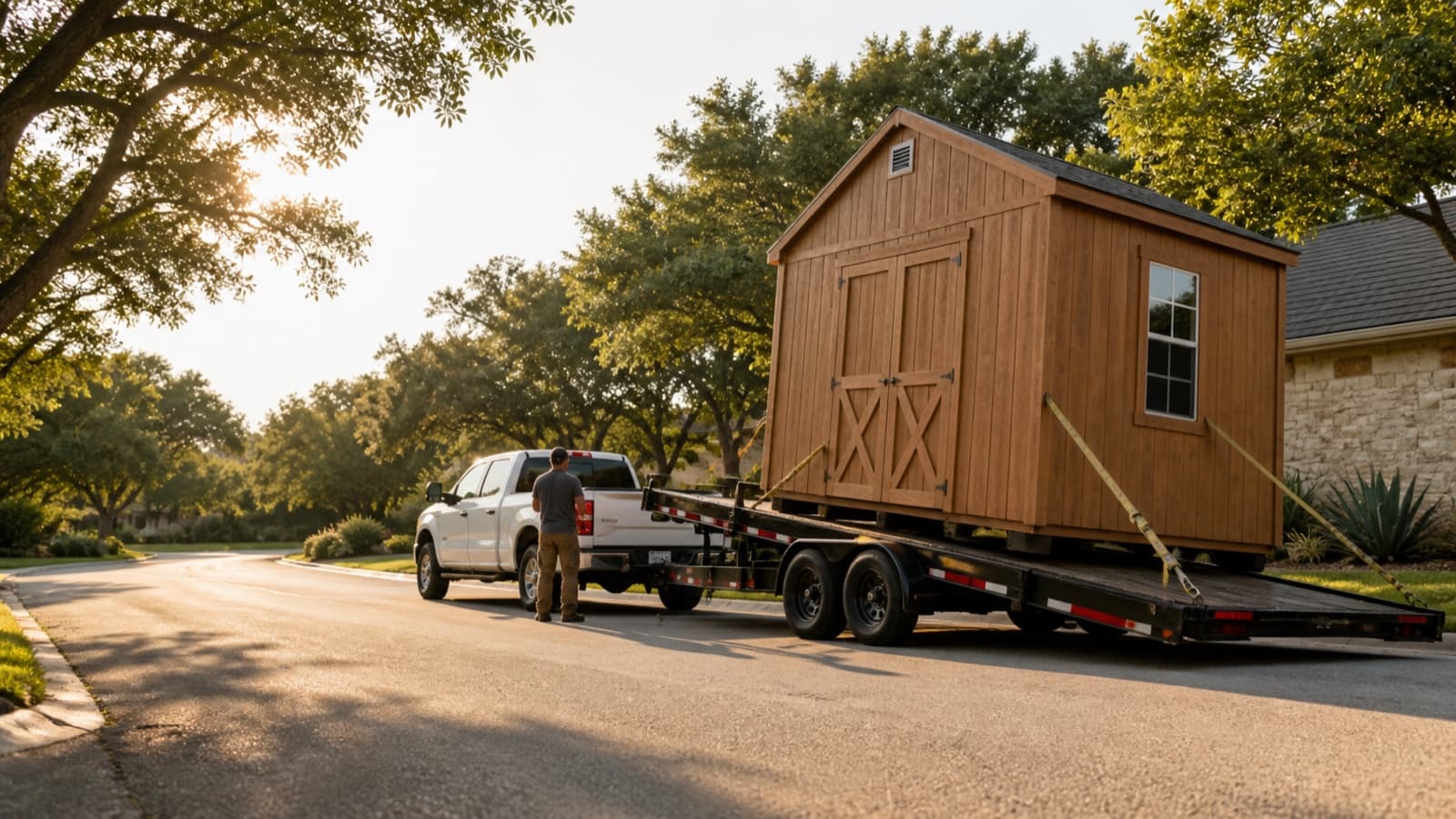 Illustrative view of a wooden shed secured on a moving trailer in an Austin-area neighborhood